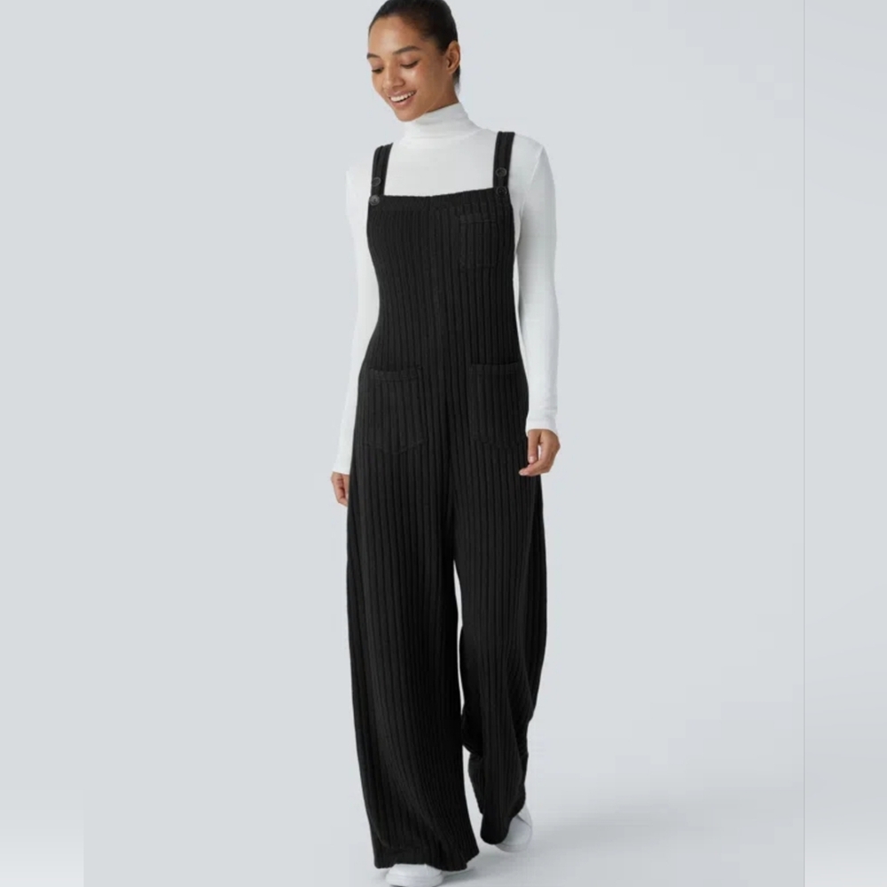 Halara Ribbed Knit Pockets Casual Wide Leg Overalls
